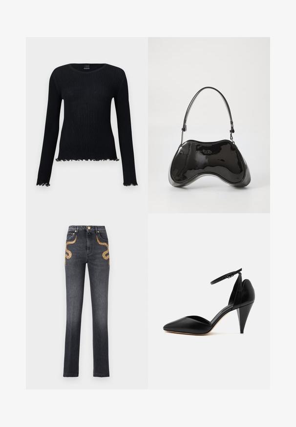 Pull noir côtelé à manches longues avec col ras du cou et ourlet en bordure ondulée sur les manches et le bas.; Jean noir à taille haute et jambes droites, avec des motifs de serpents en sequins dorés sur les poches avant et une fermeture à bouton doré.; Escarpin en cuir noir à bout pointu avec bride à la cheville et talon conique sur fond blanc.; Sac à main en cuir verni noir avec une forme incurvée unique, une anse courte et ajustable, et une fermeture zippée. Texture lisse avec un branding discret.