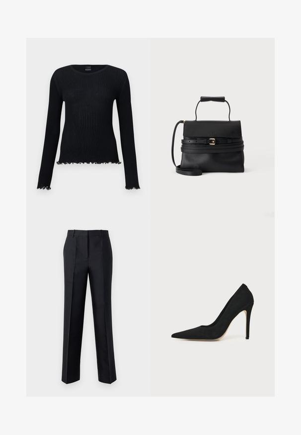 Pull noir côtelé à manches longues avec col ras du cou et ourlet en bordure ondulée sur les manches et le bas.; Pantalon noir avec une coupe droite, texture lisse et fermeture à glissière dissimulée. Présente des plis pour un style supplémentaire et un look ajusté.; Escarpin stiletto noir à talon haut avec bout pointu et texture lisse, présenté de profil sur un fond clair uni.; Sac à main en cuir noir avec poignée supérieure, fermeture à rabat, ceinture décorative avec boucle dorée et bandoulière amovible sur fond blanc.