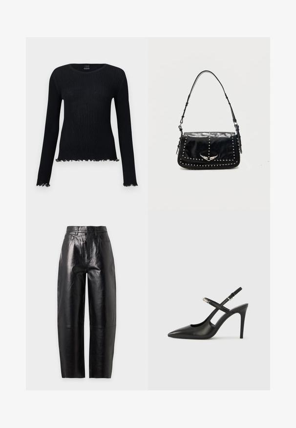 Pull noir côtelé à manches longues avec col ras du cou et ourlet en bordure ondulée sur les manches et le bas.; Pantalon en cuir noir taille haute à jambes larges avec fermeture par boutons et zip à l'avant, passants de ceinture et détails de poches cousues.; Escarpins slingback en cuir noir avec bout pointu, design ajouré et bride ajustable ornée de ferrures métalliques.; Sac à épaule en cuir noir avec des clous argentés et un emblème métallique ailé sur le rabat avant sur fond uni.