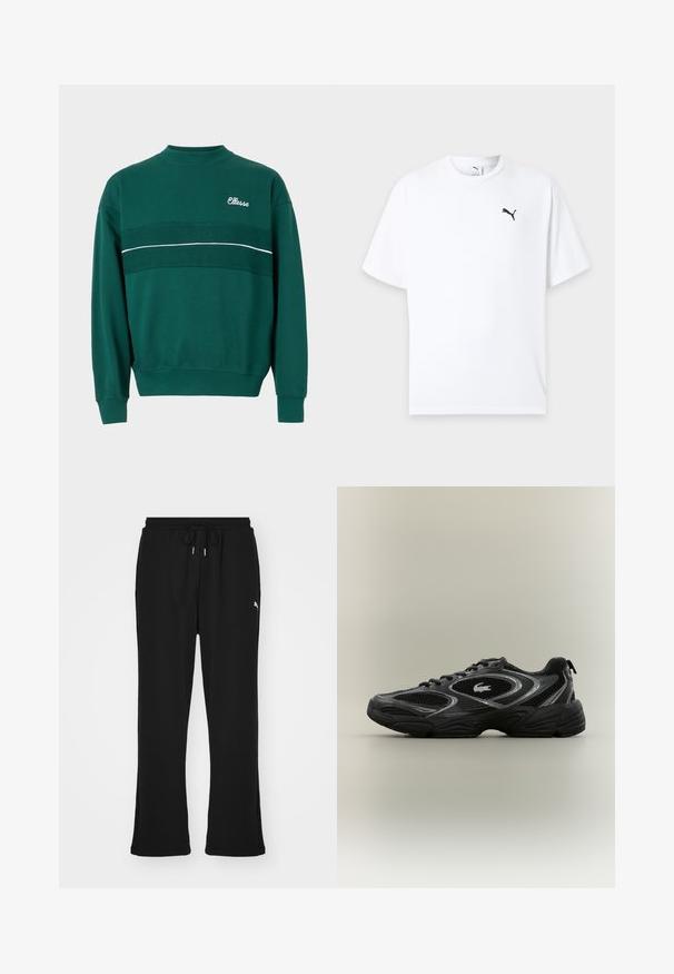 Πράσινη μπλούζα crewneck με ribbed μανίκια και στρίφωμα, με υφασμάτινη οριζόντια λωρίδα και λογότυπο "Ellesse" στο άνω αριστερό μέρος του στήθους.; Λευκό κοντομάνικο T-shirt με στρογγυλή λαιμόκοψη και μικρό μαύρο λογότυπο Puma στο αριστερό στήθος σε ανοιχτό φόντο.; Μαύρες φόρμες με ελαστική μέση και κορδόνι, που διαθέτουν πλαϊνές τσέπες και μια διακριτική λογότυπο στο αριστερό πόδι. Μαλακό ύφασμα, σε φαρδιά γραμμή.; Μαύρο και γκρι αθλητικό παπούτσι με διχτυωτές επιφάνειες, σχέδιο με κορδόνια, παχύ πάτο και μικρό λογότυπο κροκοδείλου στο πλάι.