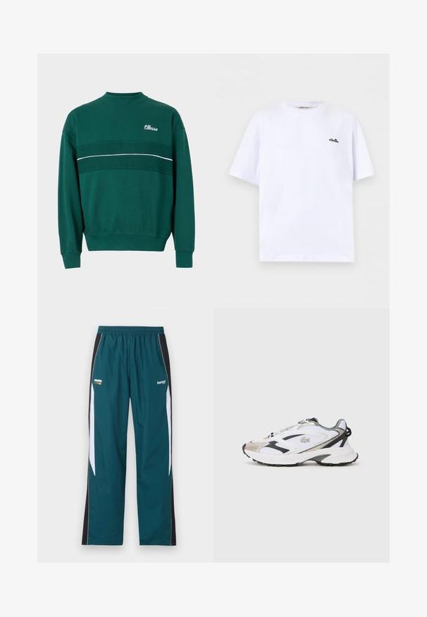 Πράσινη μπλούζα crewneck με ribbed μανίκια και στρίφωμα, με υφασμάτινη οριζόντια λωρίδα και λογότυπο "Ellesse" στο άνω αριστερό μέρος του στήθους.; Λευκό κοντομάνικο T-shirt με στρογγυλή λαιμόκοψη και μικρό μαύρο λογότυπο της ellesse στο αριστερό στήθος σε απλό φόντο.; Τυρκουάζ παντελόνι φόρμας με μαύρες και λευκές πλαϊνές λωρίδες, ελαστική μέση και μικρά λογότυπα "moto" και "bareen" στους άνω μηρούς.; Λευκό αθλητικό παπούτσι με ασημί και μαύρες λεπτομέρειες, πλέγμα επάνω, υφή στη σόλα και κομψό σχέδιο με λογότυπο στο πλάι.