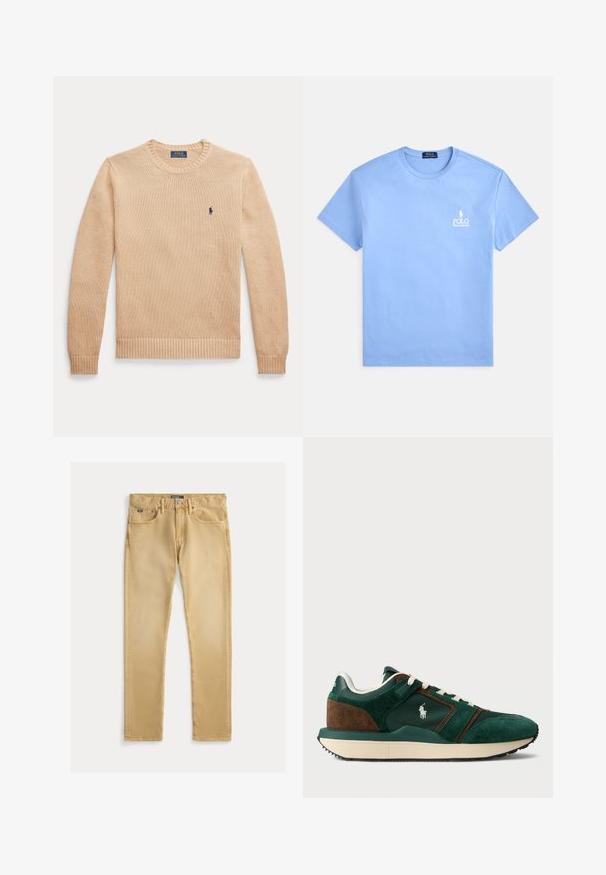 Béžový dlhý rukáv s okrúhlym výstrihom, s rebrovanými manžetami a lemom, s malým námorníckym modrým logom Polo Ralph Lauren na ľavej strane hrudníka.; Svetlomodré bavlnené tričko s okrúhlym výstrihom a krátkymi rukávmi. Na ľavej strane na hrudi je biely vyšívaný znak.; Béžové bavlnené džínsy so slim fit strihom, päť vreciek a viditeľným šitím. Obsahujú kovový gombík a označenie na páse.; Pánske tenisky v tmavozelenej a hnedej semišovej farbe, s sieťovinovými panelmi, bielymi šnúrkami a gumovou podrážkou. Na boku sa nachádza logo.
