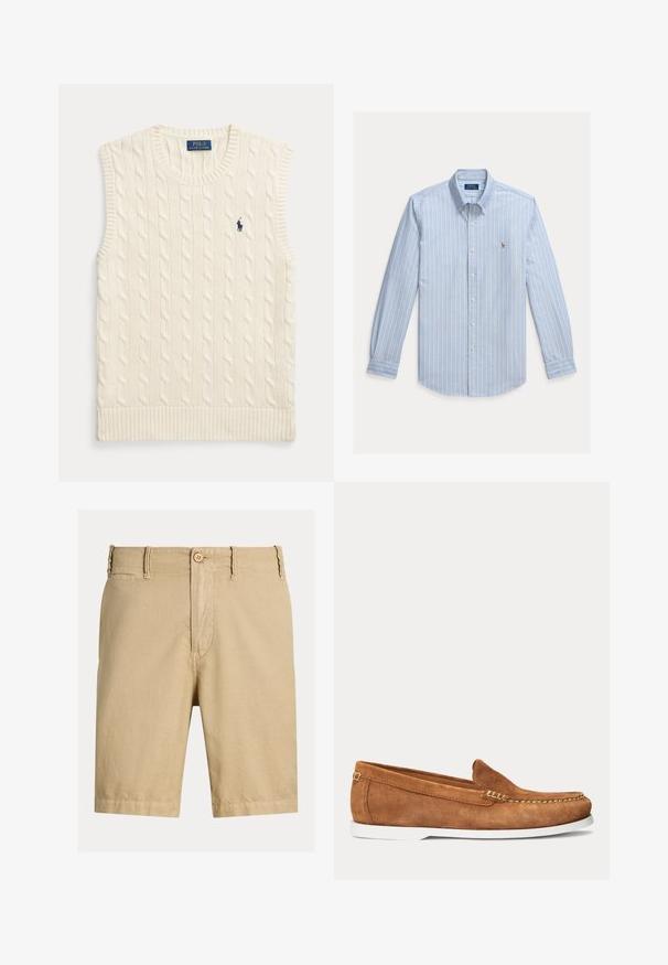 Gilet sans manches en maille torsadée couleur crème, avec bords côtelés et petit logo Polo Ralph Lauren bleu foncé sur la poitrine gauche.; Chemise bleu clair à manches longues avec rayures verticales blanches et petit logo Polo Ralph Lauren brodé sur la poitrine.; Shorts beiges en tissu léger, avec devant plat, fermeture par bouton et surface légèrement texturée, avec des ourlets cousus.; Mocassin en daim marron avec semelle blanche et coutures beige le long de l'avant-pied et du bord supérieur, présenté en vue latérale sur fond uni.