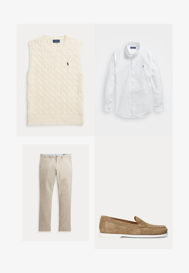 Ärmellose Strickweste in cremefarbenem Zopfmuster mit gerippten Rändern und kleinem dunkelblauem Polo Ralph Lauren Logo auf der linken Brust.; Weißes Baumwollhemd mit Knopfverschluss, klassischem Kragen, langen Ärmeln und einem kleinen gestickten Logo auf der linken Brust.; Beige Baumwollhose mit geradem Bein, Fronttaschen, Gürtelschlaufen, Knopfverschluss und Reißverschluss, flach auf weißem Hintergrund dargestellt.; Hellbrauner Wildleder-Mokassin im Mokassin-Stil mit weißer Sohle und sichtbarer Naht entlang der Vorderseite und Seiten, seitlich gezeigt.