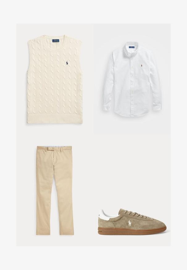 Kreemjat värvi soonikkoes kaelikuta kampsun, mille servad on ribitud ja vasakul rinnal väike tumesinine Polo Ralph Laureni logo.; Valge puuvillane nööbiga särk klassikalise kraega, pikkade varrukatega ja väike brodeeritud logo vasakul rinnal.; Beeži sirgete säärega püksid vööaasade ja ees oleva tõmblukuga, laotatud tasaselt valgele taustale.; Madala säärega beežid seemisnahast tossud pruunide tallade, valge kandade detaili, paelte ja valge poolomängija logoga tikandiga küljel.