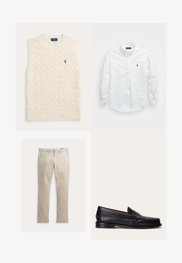 Gilet sans manches en maille torsadée couleur crème, avec bords côtelés et petit logo Polo Ralph Lauren bleu foncé sur la poitrine gauche.; Chemise blanche à manches longues en coton. Dotée d'un col pointu, de longues manches et d'un petit logo navy sur la poitrine. Texture lisse.; Pantalon beige en coton à jambes droites, avec poches avant, passants de ceinture, fermeture par bouton et braguette zippée, présenté à plat sur fond blanc.; Mocassin en cuir noir avec un petit talon et une bride penny, vu de côté sur un fond gris clair.