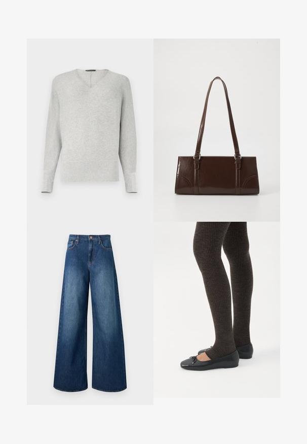 Pull en maille gris clair à manches longues avec une encolure subtile en forme de V et des poignets et ourlet côtelés.; Jean en denim bleu foncé taille haute, jambes larges, cinq poches, passants pour ceinture et fermeture par bouton en cuivre.; Jambes portant des leggings côtelés foncés associés à des ballerines noires avec de petits détails en nœud sur fond blanc.; Sac à main en cuir verni marron de forme rectangulaire, avec deux longues poignées et des accents courbés subtils à l'avant.
