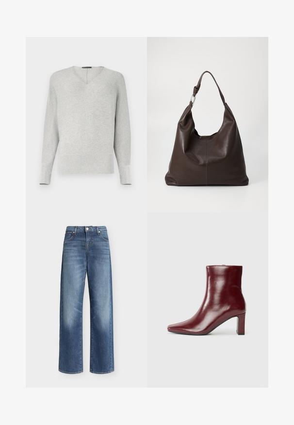 Pull en maille gris clair à manches longues avec une encolure subtile en forme de V et des poignets et ourlet côtelés.; Jean bleu à jambes larges avec taille haute, fermeture à bouton et zip, poches avant et arrière, et détails légèrement délavés sur les cuisses.; Bottine en cuir bordeaux avec un bout pointu et un talon carré. Texture lisse avec une silhouette élégante et des lignes épurées.; Zign by Zalando LEATHER - Cabas - chocolate brown