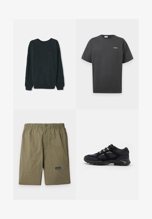 Zwarte sweatshirt gemaakt van een katoenmix, met een geribbelde ronde hals, lange mouwen en een klein roze Timberland-logo op de borst.; Donkergrijs T-shirt met korte mouwen en ronde hals, met een klein wit Columbia Sportswear-logo op de linkerborst, tegen een effen achtergrond.; Olijfgroene Columbia-merk shorts met een elastische taille, voorzakken en een knoopsluiting op een lichte achtergrond.; Zwarte buitenschoen van suede en mesh met een robuuste zool. Voorzien van grijze accenten en Vibram-logo op de zijkant. Vetersluiting.