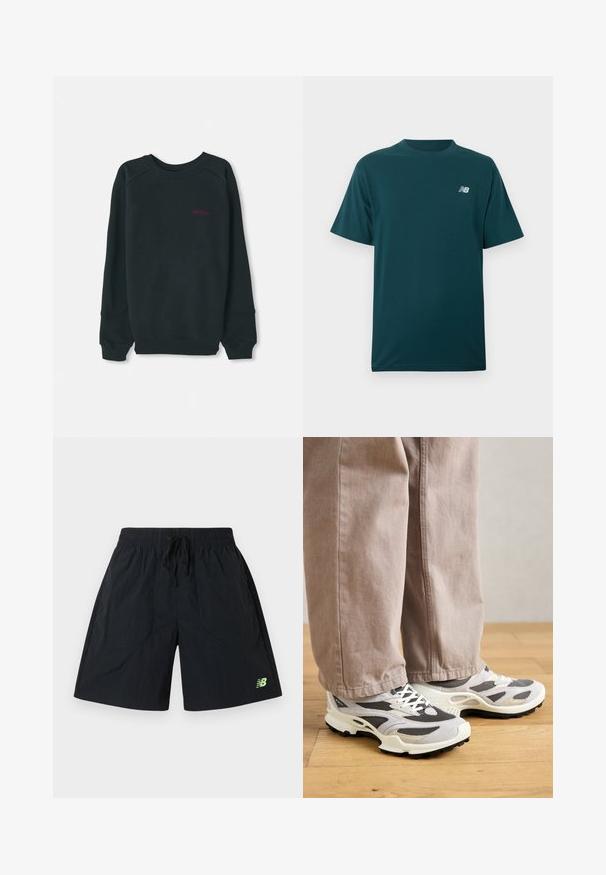 Zwarte sweatshirt gemaakt van een katoenmix, met een geribbelde ronde hals, lange mouwen en een klein roze Timberland-logo op de borst.; Donkergroene T-shirt met korte mouwen en een ronde hals, met een klein wit New Balance-logo op de linkerborst.; Zwarte sportshorts met een elastische tailleband en trekkoord, voorzien van een klein groen New Balance-logo op het onderste linkerbeen.; Persoon in beige wijde broek en grijs-witte sport sneakers staat op houten vloer.