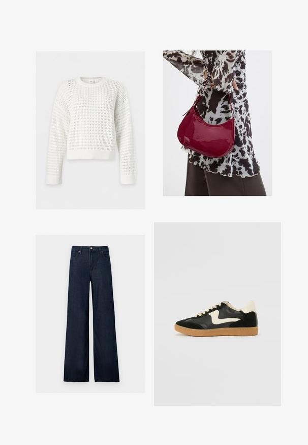 Pull en maille blanc à manches longues, texture gaufrée, col, poignets et ourlet côtelés, présenté sur un fond uni clair.; Jean denim bleu foncé à jambes larges avec bouton à l'avant, passants pour ceinture et style cinq poches sur fond uni.; Baskets en daim et cuir noir avec un swoosh latéral crème et un talon crème clair. Dotées de lacets beige et d'une semelle en caoutchouc gomme.; Femme portant un chemisier à motif noir et blanc tenant un sac à main rouge brillant sur un fond uni.