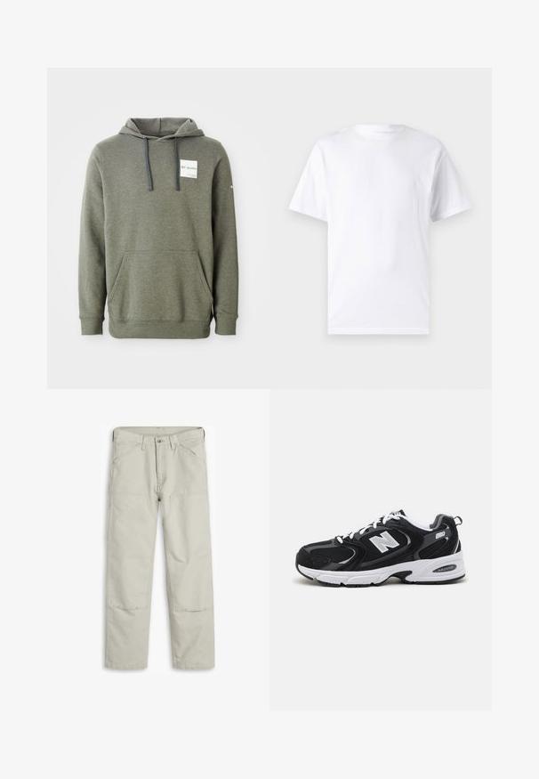 Olivgrüner Hoodie mit einer Fronttasche, verstellbaren Kordeln und einem Logo-Patch auf der Brust; aus weichem, strukturiertem Material gefertigt.; Weißes kurzärmeliges T-Shirt aus Baumwolle mit Rundhalsausschnitt, das eine glatte Textur und ein einfaches Design ohne Muster oder Akzente aufweist.; Hellgraue Baumwollhosen mit geradem Schnitt, mehreren Taschen, verstärkten Kniepatches und kontrastierenden Nähten.; Schwarze und graue Sportschuhe mit Obermaterial aus Mesh und Wildleder, ausgestattet mit einer weißen Zwischensohle, Schnürsenkeln und einem markanten "N"-Logo an der Seite.