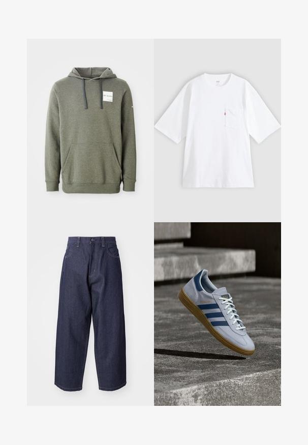 Olivgrüner Hoodie mit einer Fronttasche, verstellbaren Kordeln und einem Logo-Patch auf der Brust; aus weichem, strukturiertem Material gefertigt.; Weißes Baumwoll-T-Shirt mit kurzen Ärmeln, rundem Ausschnitt und Brusttasche auf der linken Seite. Mit kleinem rotem Logotag an der Tasche.; Dunkelblaue Denim-Jeans mit einem lockeren, weiten Schnitt. Zu den Merkmalen gehören ein Knopfverschluss, Fronttaschen und sichtbare Nähte.; Hellblauer Adidas Spezial Sneaker mit dunkelblauen Streifen und Gummisohle, in der Luft über Betontreppen in neutralem Außenbereich gezeigt.
