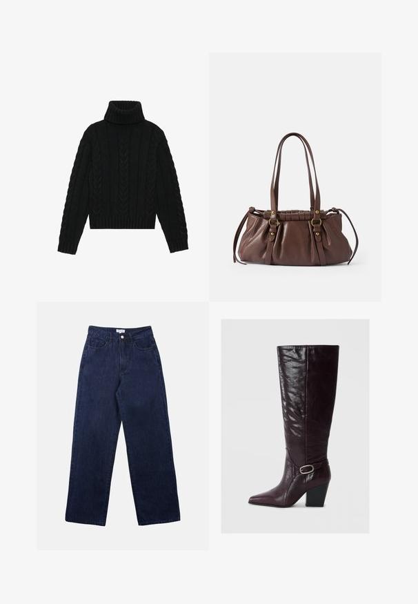 Pull en maille noire à col roulé avec un ourlet côtelé et un motif en tricot torsadé, doté de manches longues et d'un col structuré.; Pantalons en denim bleu foncé avec une coupe droite, dotés d'une fermeture à bouton à l'avant, de passants de ceinture et de deux poches avant.; Bottes en cuir bordeaux arrivant au genou, pointues, avec une finition texturée et un talon carré. Elles présentent une sangle avec une boucle en argent.; Sac à main en cuir brun avec deux longues poignées, design froncé, accents en métal doré et finition texturée.