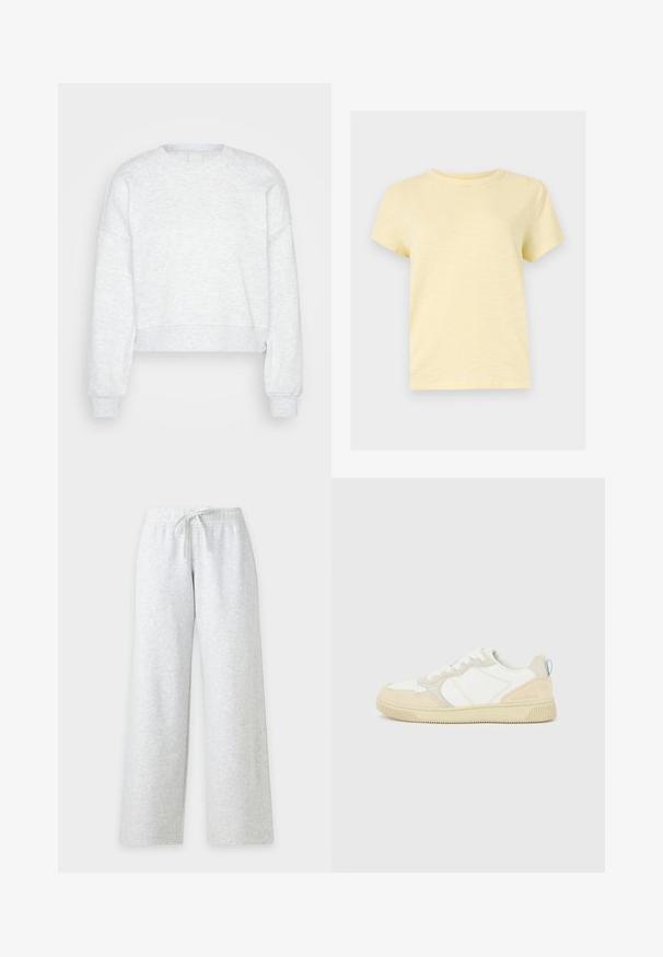 Lichtgrijze, lange mouwen cropped sweatshirt met ribgebreide manchetten en hoge ronde hals, weergegeven op een effen lichte achtergrond.; Lichtgeel T-shirt met korte mouwen en ronde hals, effen ontwerp, weergegeven op een effen, lichtgrijze achtergrond.; Lichtgrijze joggingbroek met trekkoord in de taille, elastische band en wijde pijpen, getoond tegen een effen witte achtergrond.; Witte en beige sneaker met een bovenwerk van suède en textiel, voorzien van contrasterende stiksels, een rubberen zool en een lichtblauwe accenten op de hiel.