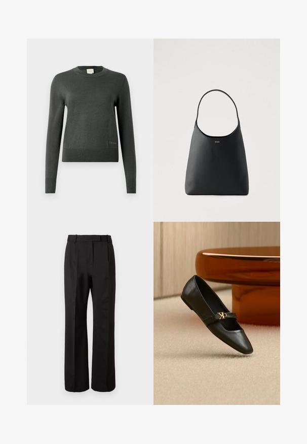 Mørkegrå strikket sweater med rund hals og lange ærmer. Har en ribbet søm og subtil branding nederst til venstre.; Højtaljede sorte bukser, lavet af glat stof, med en lige ben-design, sidelommer og en flad front med læg.; Sort læder flad sko med spids tå og gyldent CK-logo på rem, placeret på beige tæppe nær et rundt ravbrunt bord.; Sort læderhåndtaske med enkelt buet håndtag, glat tekstur og et diskret logo foran. Minimalistisk design og rummeligt indre.