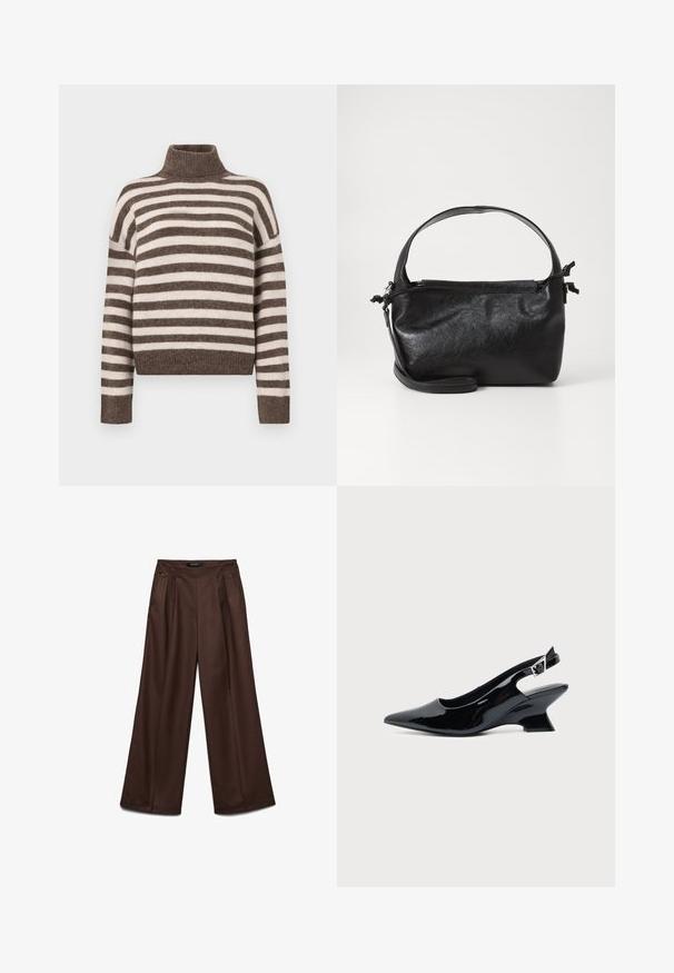 Randet turtleneck sweater i brun og creme, lavet af blødt materiale. Har en ribbet halsudskæring og brede, droppe skuldre.; Brune, højttaljede, vide bukser med forreste plisseringer og sidelommer, skræddersyet til en afslappet pasform.; Sort laklæder slingback sko med spids tå og lav vinklet blokhæl på ensartet lys baggrund.; Sort læderhåndtaske med et struktureret design, rund tophåndtag og aftagelig skulderrem. Den har en glat tekstur og en subtil glans.