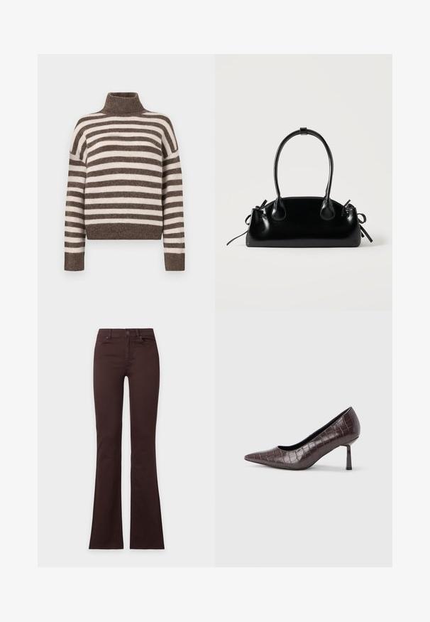 Randet turtleneck sweater i brun og creme, lavet af blødt materiale. Har en ribbet halsudskæring og brede, droppe skuldre.; Mørkebrune bootcut-jeans med knap og lynlåslukning, for- og baglommer, vist fladt på en ensfarvet hvid baggrund.; Brune kunstlæder stiletter med spidse tæer og krokodilletekstur, der har en slank, vinklet hæl og en glat inderside.; Lille sort blank håndtaske med to lange håndtag og snøre-detaljer i siden på en ensfarvet lys baggrund.