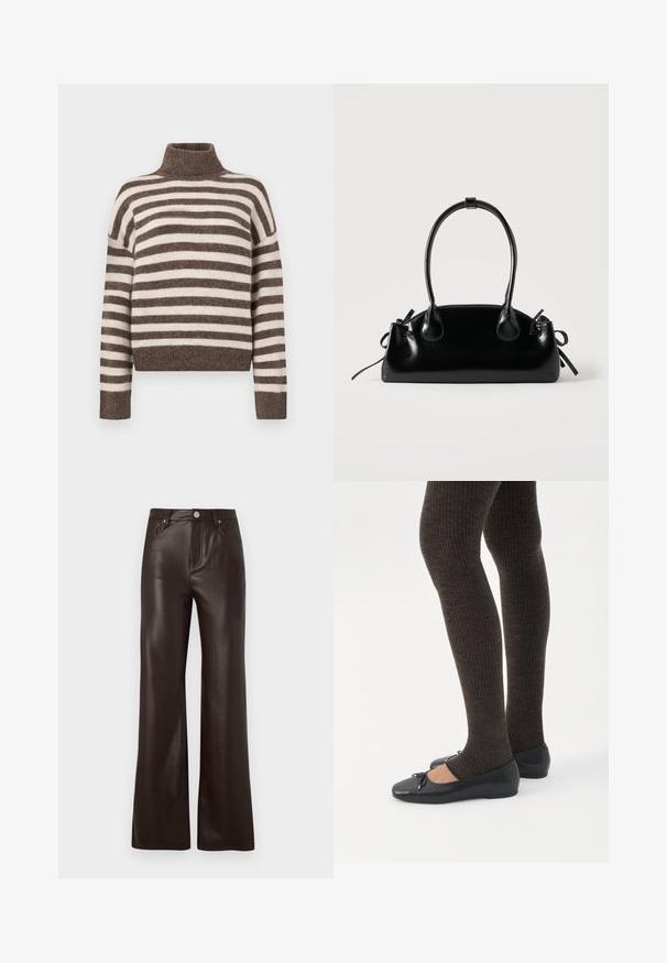 Pull à col roulé rayé en marron et crème, fabriqué en matériau doux. Il dispose d'un col côtelé et de larges épaules tombantes.; Vero Moda Wide-leg VMTESSA High rise - Pantalon classique - chocolate torte; Jambes portant des leggings côtelés foncés associés à des ballerines noires avec de petits détails en nœud sur fond blanc.; Petit sac à main noir brillant avec deux longues anses et des détails à cordon sur les côtés sur un fond clair uni.