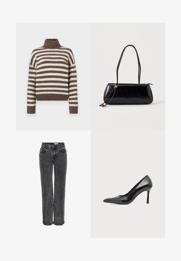 Randet turtleneck sweater i brun og creme, lavet af blødt materiale. Har en ribbet halsudskæring og brede, droppe skuldre.; Sorte denimjeans med lige ben, der har forlommer, bæltestropper og en subtil, falmet tekstur.; Sort laklæder damestilet med spids tå og slank hæl på en ensartet lys baggrund.; Sort rektangulær håndtaske med to lange stropper, guldringdetalje og lynlåslukning på en ensfarvet lys baggrund.