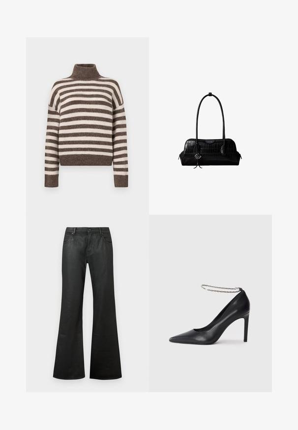 Randet turtleneck sweater i brun og creme, lavet af blødt materiale. Har en ribbet halsudskæring og brede, droppe skuldre.; Sorte flared jeans lavet af denim med en glat tekstur, almindelig taljehøjde, fem lommer og knaplukning.; Sorte læder højhælede pumps med spids tå, der har en tynd sølvkæde ankelrem og en slank, glat tekstur.; Sort skuldertaske i krokodillelæder med lange stropper og lille sølvlogo-charm på den ene strop.