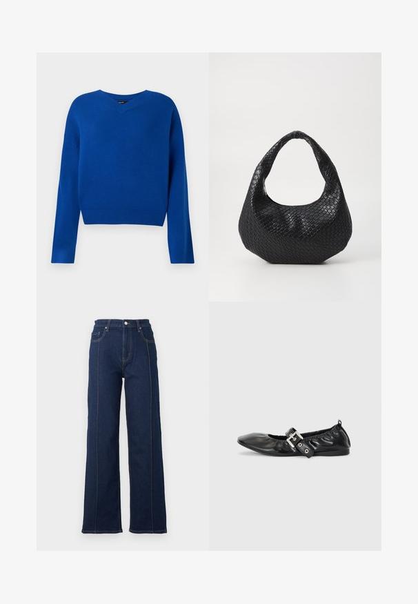 Pull en V, à manches longues, de couleur bleu vif, en tissu tricoté doux. Il présente un ourlet et des poignets côtelés, avec une coupe décontractée et des coutures minimales.; Jean large en denim bleu foncé avec des coutures visibles, taille haute et cinq poches. Présente une fermeture à bouton et à glissière à l'avant.; Chaussure plate en cuir noir avec un nez pointu, des détails froncés autour de l'ouverture et un accent en boucle argentée sur la bride ajustable.; Sac à main tissé noir avec une poignée courbée, présentant une surface texturée et une forme décontractée. Fini lisse avec une silhouette organique.