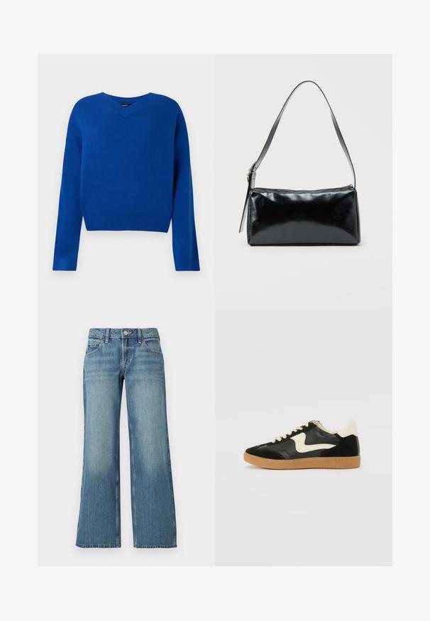 Pull en V, à manches longues, de couleur bleu vif, en tissu tricoté doux. Il présente un ourlet et des poignets côtelés, avec une coupe décontractée et des coutures minimales.; Jean en denim bleu clair à coupe large, avec une taille mi-haute, des poches avant et un léger délavage, affichant une texture lisse.; Baskets en daim et cuir noir avec un swoosh latéral crème et un talon crème clair. Dotées de lacets beige et d'une semelle en caoutchouc gomme.; Sac d'épaule rectangulaire noir avec une sangle réglable unique et une fermeture éclair supérieure sur un fond uni.