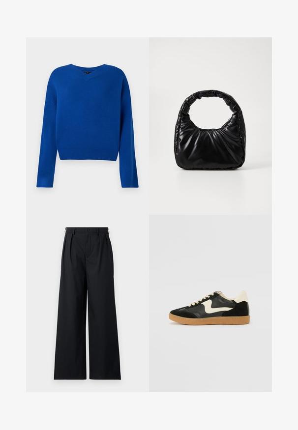 V-hals, langærmet sweater i lys blå, lavet af blødt strikstof. Har ribbet kant og manchetter, med en afslappet pasform og minimal syning.; Sorte vide bukser lavet af et glat stof, med en knaplukning og plisseringer for ekstra struktur. Simpelt, minimalistisk design.; Sorte ruskinds- og lædersneakers med en cremefarvet side-swoosh og lys cremefarvet hæl. Har beige snørebånd og en gummirubber-sål.; Sort polstret håndtaske med et rundt håndtag, der har en glat, skinnende overflade og en blød, kviltet tekstur. Ingen synlige hardware eller accenter.