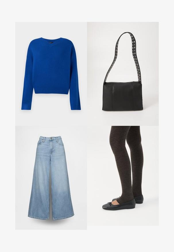Pull en V, à manches longues, de couleur bleu vif, en tissu tricoté doux. Il présente un ourlet et des poignets côtelés, avec une coupe décontractée et des coutures minimales.; Jean denim bleu clair à jambes larges, avec une taille haute, des poches avant et une fermeture à boutons. Le tissu présente un effet délavé.; Jambes portant des leggings côtelés foncés associés à des ballerines noires avec de petits détails en nœud sur fond blanc.; Sac à main en cuir noir de forme rectangulaire, doté d'une fermeture éclair et d'une bandoulière à pois. Texture lisse, détails de couture minimaux.