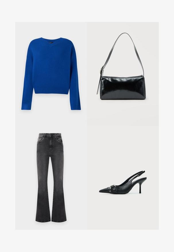 Pull en V, à manches longues, de couleur bleu vif, en tissu tricoté doux. Il présente un ourlet et des poignets côtelés, avec une coupe décontractée et des coutures minimales.; Jean noir évasé avec taille haute, détails de couture et cinq poches. Le tissu a une texture lisse avec une finition délavée.; Escarpin slingback à talon haut en cuir noir avec bout pointu, boucle et détail de bride œillet à l'avant.; Sac d'épaule rectangulaire noir avec une sangle réglable unique et une fermeture éclair supérieure sur un fond uni.
