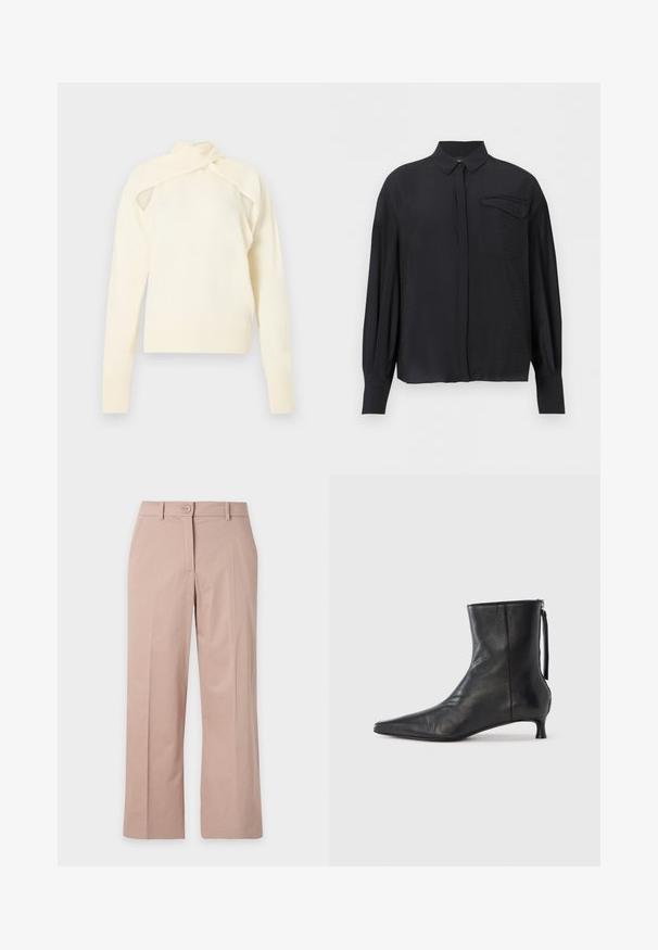 Haut à manches longues en tricot couleur crème avec design à épaules découpées et détail de col enroulé, présenté sur un fond neutre.; Chemise noire à manches longues avec col et poche à rabat boutonnée sur la poitrine gauche, présentée sur un fond blanc.; Pantalon beige à jambes droites avec fermeture à boutons à l’avant, passants pour ceinture, poches latérales et plis repassés sur fond uni.; Bottine en cuir noir à bout pointu, forme structurée et petit talon. Dispose d'une fermeture éclair latérale et d'un design minimaliste.
