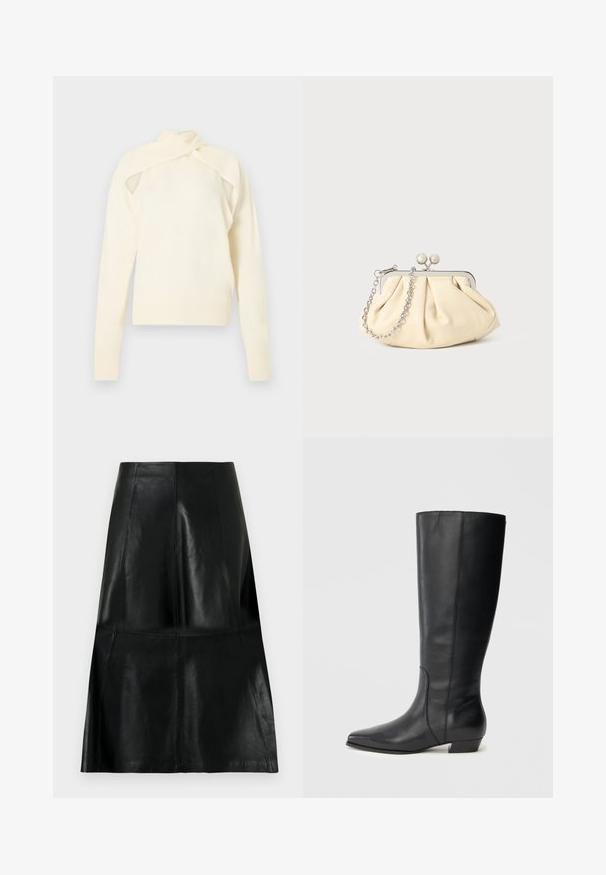 Haut à manches longues en tricot couleur crème avec design à épaules découpées et détail de col enroulé, présenté sur un fond neutre.; Jupe en cuir noire longueur genou avec des coutures de panneaux verticales et horizontales, légèrement évasée au bas.; Bottes en cuir noires montant jusqu'aux genoux, avec bout pointu et talon bas carré, présentant une texture lisse et un design épuré et élégant.; Pochette en cuir beige plissé avec un cadre en métal argenté, dotée de deux fermoirs ronds décoratifs et d'une chaîne en argent.