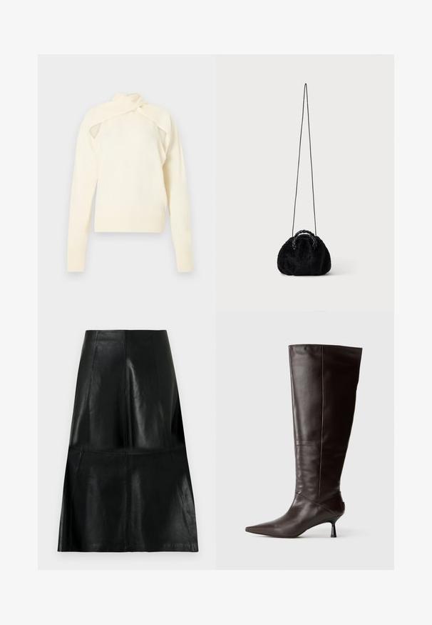 Haut à manches longues en tricot couleur crème avec design à épaules découpées et détail de col enroulé, présenté sur un fond neutre.; Jupe en cuir noire longueur genou avec des coutures de panneaux verticales et horizontales, légèrement évasée au bas.; Botte en cuir marron, hauteur genou, avec un bout pointu et un talon fin. Texture lisse et design élégant, arborant une silhouette minimaliste.; Petit sac à main noir en fausse fourrure avec poignées tressées sur le dessus et longue bandoulière fine sur fond uni.