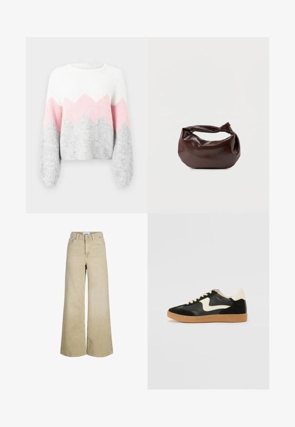 Gehaakte trui met een wit, roze en grijs zigzagpatroon. Heeft lange mouwen, een ribbelstructuur en een ronde halslijn. Gemaakt van zacht breimateriaal.; Beige high-waist jeans met wijde pijpen, voorste knoop en rits, riemlussen en voorzakken.; Zwarte suède en leren sneaker met een crèmekleurige zij-swoosh en lichte crèmekleurige hiel. Voorzien van beige veters en een gumrubberen zool.; Donkerbruine leren schoudertas met een zachte, slungelige vorm en een gedraaide knoopvormige handgreep op een effen witte achtergrond.