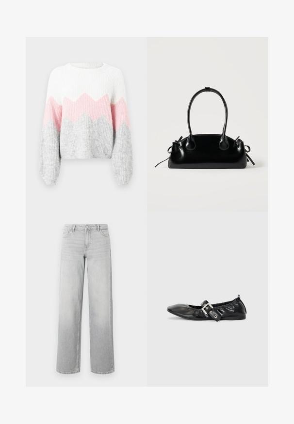 Pull en crochet avec un motif en zigzag blanc, rose et gris. Présente des manches longues, une texture côtelée et un col rond. Matériau en tricot doux.; Jean large en denim gris clair. Comprend cinq poches, une fermeture à bouton et une texture légèrement délavée pour un look usé.; Chaussure plate en cuir noir avec un nez pointu, des détails froncés autour de l'ouverture et un accent en boucle argentée sur la bride ajustable.; Petit sac à main noir brillant avec deux longues anses et des détails à cordon sur les côtés sur un fond clair uni.