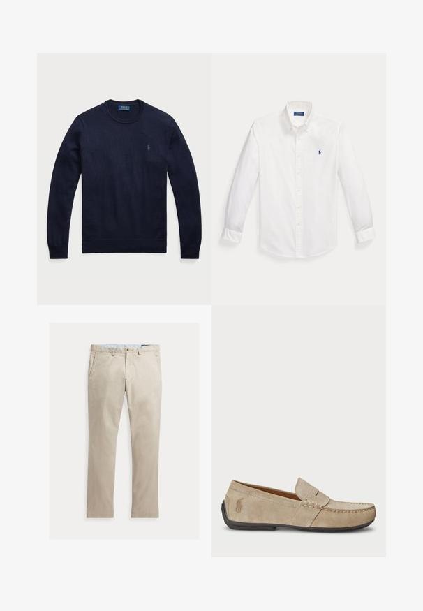 Pull bleu marine à col ras du cou en tissu tricoté, avec des poignets et un ourlet côtelés, comportant un petit logo brodé sur la poitrine gauche.; Chemise blanche à manches longues avec boutons, col boutonné et petit logo Polo Ralph Lauren bleu marine sur la poitrine gauche.; Pantalon beige en coton à jambes droites, avec poches avant, passants de ceinture, fermeture par bouton et braguette zippée, présenté à plat sur fond blanc.; Mocassins en suede beige avec un détail cousu, semelle en caoutchouc plate et un petit logo sur le côté. Design classique à enfiler, texture douce.