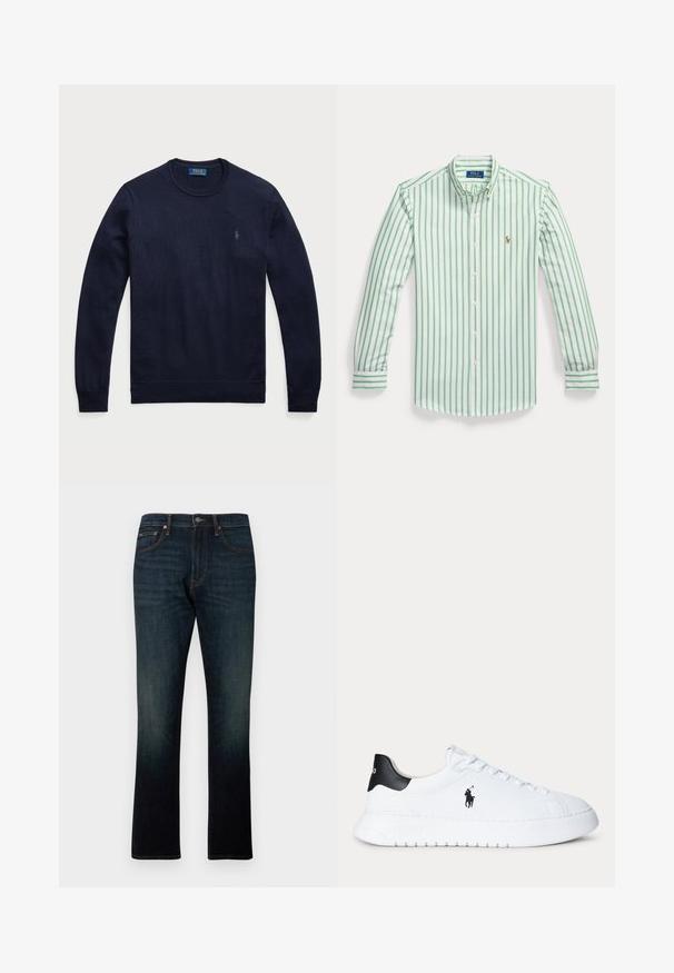 Pull bleu marine à col ras du cou en tissu tricoté, avec des poignets et un ourlet côtelés, comportant un petit logo brodé sur la poitrine gauche.; Chemise homme manches longues à boutons, rayures verticales vertes et blanches et petit logo brodé sur la poitrine gauche.; Jean denim bleu foncé à jambe droite avec cinq poches et coutures orange, présenté à plat sur fond blanc.; Baskets basses blanches avec languette noire au talon et logo Polo Ralph Lauren noir sur le côté, avec des lacets blancs et une semelle blanche épaisse.