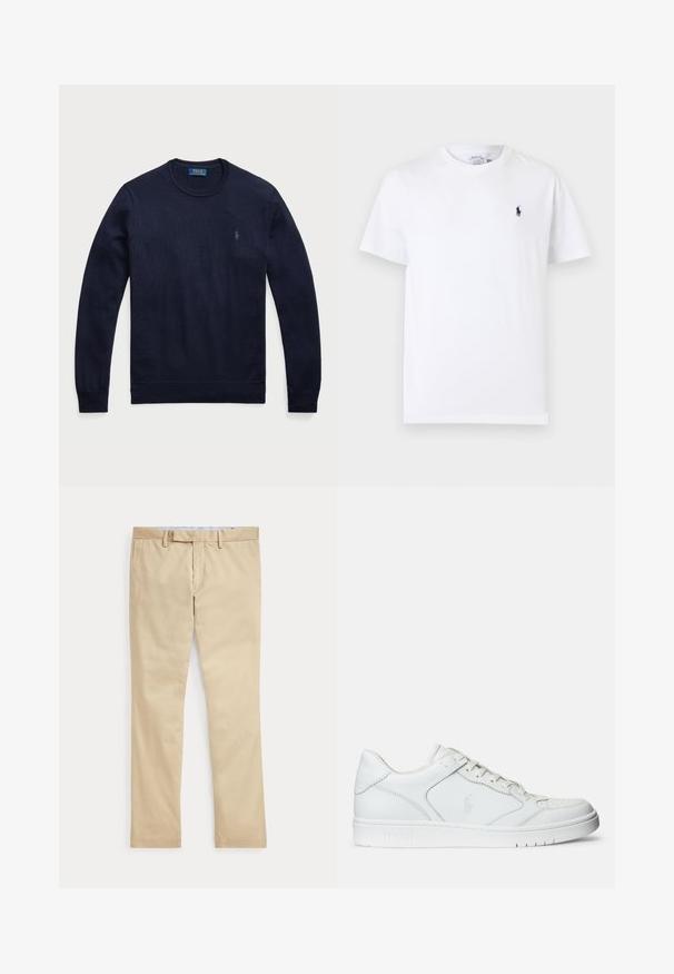 Marineblauer Rundhals-Pullover aus Strickstoff mit gerippten Bündchen und Saum, mit einem kleinen gestickten Logo auf der linken Brust.; Weißes T-Shirt mit kurzen Ärmeln und Rundhalsausschnitt mit kleinem dunkelblauem Polo-Spieler-Logo auf der linken Brust.; Beige gerade Hose mit Gürtelschlaufen und einem vorderen Reißverschluss, flach auf weißem Hintergrund gelegt.; Weißer Ledersneaker mit glatter Textur, ausgestattet mit einer perforierten Zehenpartie, Schnürverschluss und gesticktem Logo an der Seite. Weiße Gummisohle.