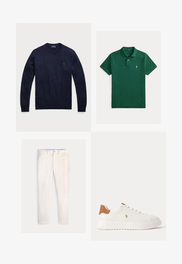 Marineblauer Rundhals-Pullover aus Strickstoff mit gerippten Bündchen und Saum, mit einem kleinen gestickten Logo auf der linken Brust.; Dunkelgrünes Polo Ralph Lauren Kurzarm-Poloshirt mit Kragen, Zwei-Knopf-Leiste und kleinem weißen besticktem Logo auf der Brust.; Herren Slim-Fit-Hose in Off-White mit Fronttaschen, Gürtelschlaufen und Knopfverschluss vor einfarbigem Hintergrund.; Weißer Sneaker mit niedrigem Schaft, beige Fersenlasche, weißen Schnürsenkeln und kleinem, besticktem Polospieler-Logo an der Seite über einer dicken Sohle.