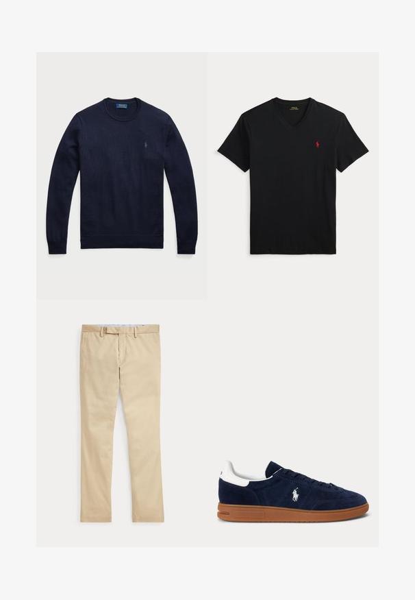 Marineblauer Rundhals-Pullover aus Strickstoff mit gerippten Bündchen und Saum, mit einem kleinen gestickten Logo auf der linken Brust.; Schwarzes T-Shirt mit V-Ausschnitt und kurzen Ärmeln sowie kleinem rotem Polo Ralph Lauren Logo auf der linken Brust.; Beige gerade Hose mit Gürtelschlaufen und einem vorderen Reißverschluss, flach auf weißem Hintergrund gelegt.; Marineblaue Wildleder-Sneaker mit weißem Fersenlasche, besticktem Logo an der Seite, brauner Gummisohle und schwarzen Schnürsenkeln.