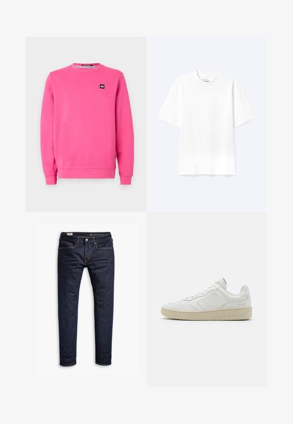 Sweatshirt rose en tissu doux, avec un col rond, des manches longues, des poignets côtelés, et un petit patch logo noir sur le devant.; T-shirt blanc uni à manches courtes et col rond avec une coupe décontractée, présenté sur un fond clair.; Jean en denim bleu foncé avec une coupe slim, présentant des coutures orange, un design à cinq poches et des accessoires en métal. Texture lisse, sans motifs.; Baskets en cuir blanc avec une finition texturée et un col rembourré. Elles sont dotées d'une semelle en caoutchouc beige et d'une discrète branding sur le talon et le côté.