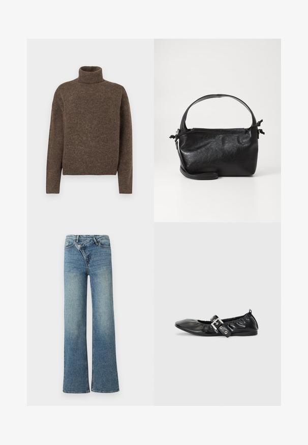 Pull en col roulé marron en tissu tricoté texturé. Il présente une coupe décontractée ainsi qu'un ourlet et des poignets côtelés. Design simple, sans motifs ni ornements.; Jean en denim bleu clair à jambes larges avec une taille haute, un délavage clair et une fermeture à bouton à l'avant. Comprend cinq poches et des coutures minimales.; Chaussure plate en cuir noir avec un nez pointu, des détails froncés autour de l'ouverture et un accent en boucle argentée sur la bride ajustable.; Sac à main en cuir noir au design structuré, avec une poignée arrondie et une bandoulière amovible. Présente une texture lisse et un éclat subtil.