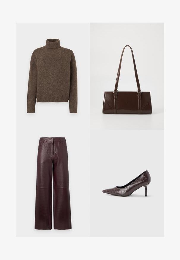 Brun turtleneck sweater lavet af struktureret strikket stof. Har en afslappet pasform og ribkant i kanten og ved ærmerne. Simpelt design uden mønstre eller dekorationer.; Højtaljede vide bukser i mørk burgundy imiteret læder med subtil krokodillestruktur og forreste lommer.; Brune kunstlæder stiletter med spidse tæer og krokodilletekstur, der har en slank, vinklet hæl og en glat inderside.; Brun lakeret håndtaske med rektangulær form, to lange håndtag og subtile buede detaljer på fronten.