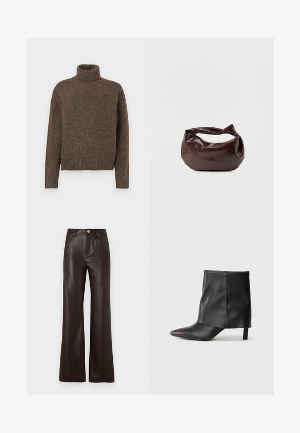 Pull en col roulé marron en tissu tricoté texturé. Il présente une coupe décontractée ainsi qu'un ourlet et des poignets côtelés. Design simple, sans motifs ni ornements.; Vero Moda Wide-leg VMTESSA High rise - Pantalon classique - chocolate torte; Bottine noire en cuir lisse avec un bout pointu et un talon effilé. La tige présente un design légèrement froncé.; Sac bandoulière en cuir marron foncé avec une forme souple et décontractée et une anse nouée torsadée sur un fond blanc uni.