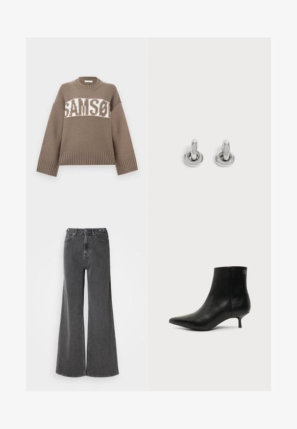 Pull en maille marron avec col rond, épaules tombantes et poignets côtelés. Présente un texte rayé blanc "SAMSON" sur le devant.; Jean large en denim noir délavé, avec une taille haute, deux poches avant et des fermetures à bouton en métal. Texture lisse, détails minimes.; Bottine en cuir noir avec bout pointu et petit talon kitten sur fond clair, vue côté extérieur.; Paire de petites boucles d'oreilles créoles argentées brillantes avec une base ronde, présentées sur un fond clair uni.