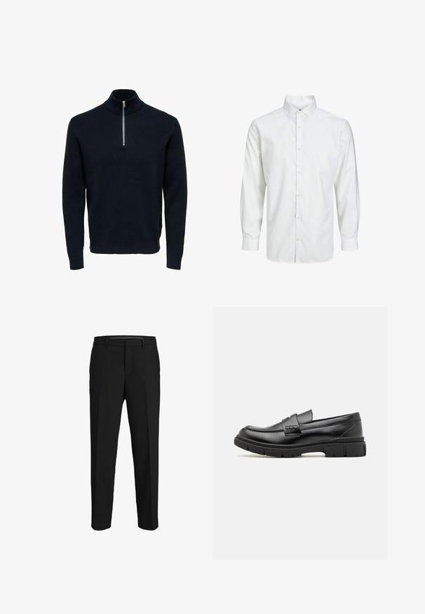 Pull en maille bleu marine avec un col montant et une fermeture éclair en argent. Présente une texture côtelée et des manches longues, offrant une silhouette ajustée et épurée.; Chemise blanche à manches longues avec boutons, col pointu et poignets boutonnés, présentée sur un fond blanc uni.; Pantalons noirs en tissu lisse, présentant une coupe droite, des passants de ceinture et un devant plat sans motifs ni embellissements visibles.; Mocassin en cuir noir avec une large sangle sur le devant, semelle en caoutchouc à épaisse rainure, et texture lisse. Design classique et élégant.
