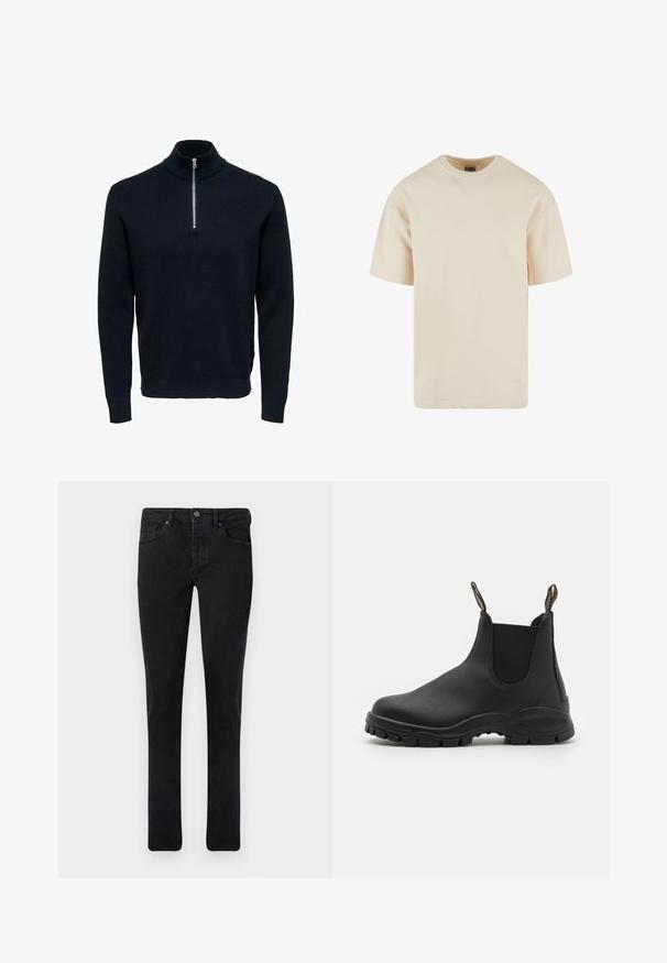 Pull en maille bleu marine avec un col montant et une fermeture éclair en argent. Présente une texture côtelée et des manches longues, offrant une silhouette ajustée et épurée.; T-shirt en coton beige avec un col rond, des manches courtes et une coupe droite. Texture lisse et sans motifs ni accents visibles.; Jean en denim foncé avec une coupe slim, conception à cinq poches et fermeture à bouton en métal. Texture lisse et couleur uniforme.; Bottines noires en caoutchouc lisse avec des panneaux latéraux élastiques, une semelle texturée pour une bonne adhérence et des languettes à l'arrière pour un enfiler facile.