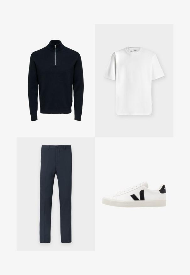Pull en maille bleu marine avec un col montant et une fermeture éclair en argent. Présente une texture côtelée et des manches longues, offrant une silhouette ajustée et épurée.; T-shirt blanc uni à manches courtes et col rond, posé à plat sur un fond gris clair avec une petite étiquette de marque à l’intérieur du col.; Pantalon bleu marine en tissu lisse, avec une coupe slim, des passants de ceinture, une fermeture à bouton sur le devant et deux poches latérales.; Sneaker blanche en cuir avec des accents en daim noir ; dispose d'une semelle en caoutchouc, d'un bout rond et d'un design classique à lacets. Logo latéral en noir.