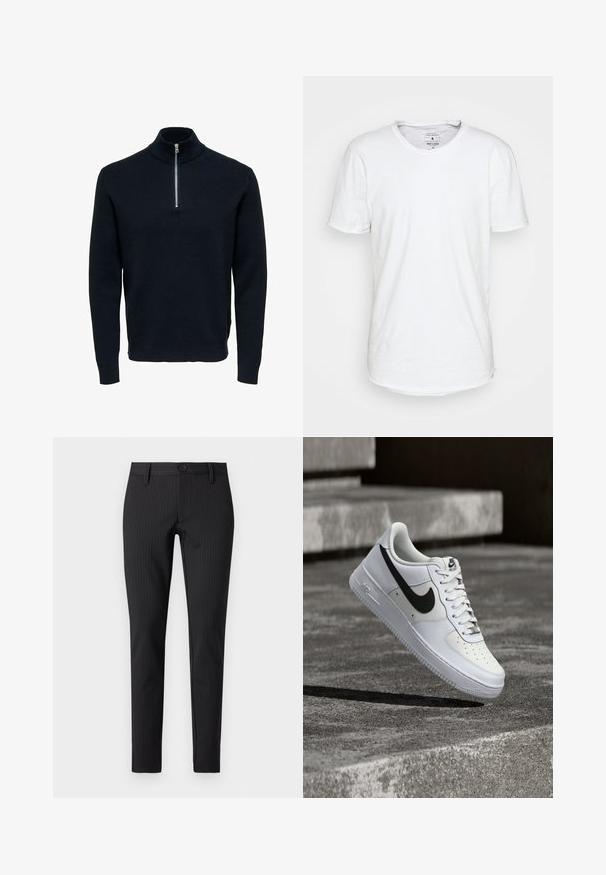 Pull en maille bleu marine avec un col montant et une fermeture éclair en argent. Présente une texture côtelée et des manches longues, offrant une silhouette ajustée et épurée.; T-shirt blanc à manches courtes en coton avec un col ras du cou classique. Présente un ourlet légèrement incurvé et des détails de couture minimalistes.; Pantalons à rayures noires avec une coupe plate, ajustée, dotés d'une fermeture boutonnée et de passants de ceinture, fabriqués dans un matériau textile lisse.; Baskets blanches Nike Air Force 1 avec le swoosh noir, lacets attachés, en suspension dans les airs au-dessus d'une surface en béton texturé en extérieur.