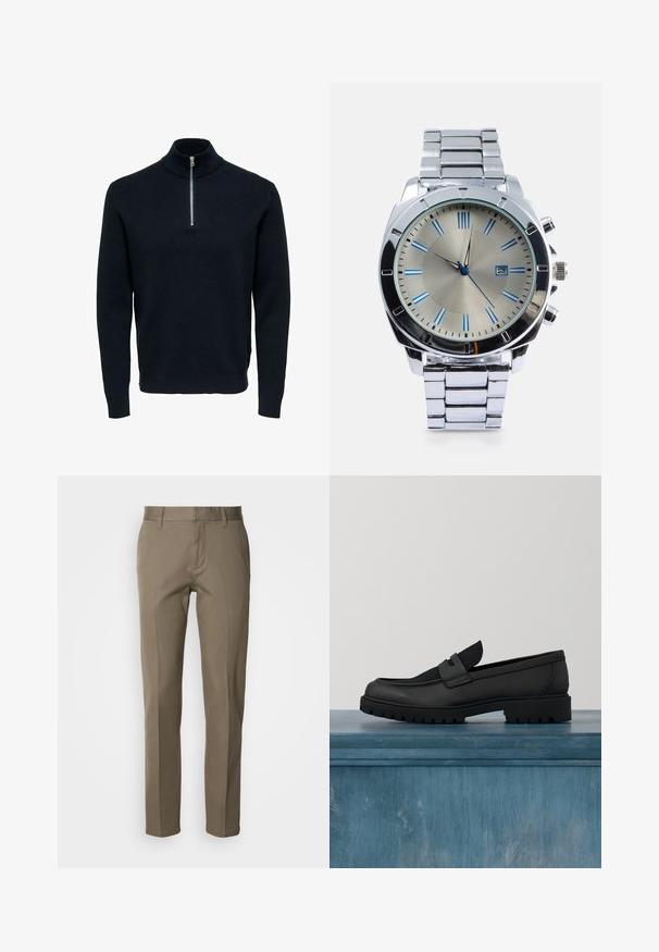 Pull en maille bleu marine avec un col montant et une fermeture éclair en argent. Présente une texture côtelée et des manches longues, offrant une silhouette ajustée et épurée.; Pantalon couleur sable en tissu lisse, avec une coupe droite, une fermeture éclair à l'avant et des poches minimalistes. Aucun motif ou accent visible.; Chaussure noire en cuir sans lacets avec un accent en tissu texturé, une semelle en caoutchouc robuste et une finition lisse. Présente un détail de couture subtil.; Montre en acier inoxydable argenté avec un boîtier rond, un cadran métallique brossé, des index horaires bleus et un affichage de la date. Elle est dotée d'un bracelet à maillons.